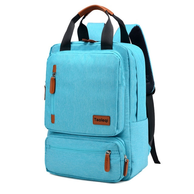 aqua blue turquoise canvas camel leather accents laptop backpack