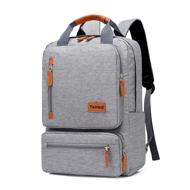 gray canvas camel leather accents laptop backpack