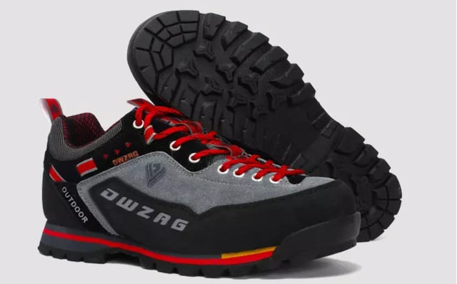 low cut black gray red mountain hiking boots