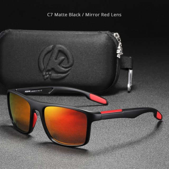 matte black and mirror red lens shades