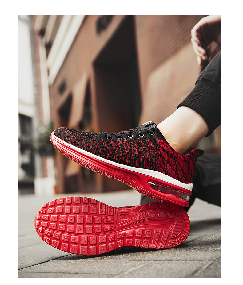 red sole striped running shoes