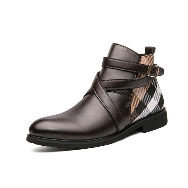 brown leather strap buckle boots for men