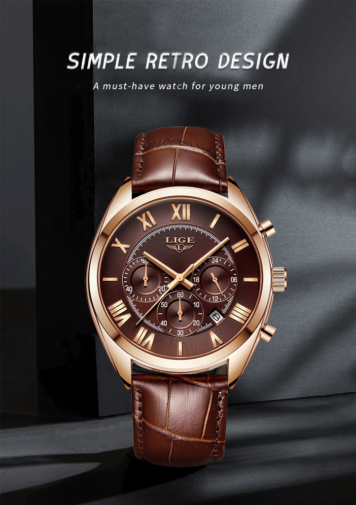 chocolate brown leather rose gold lige watch