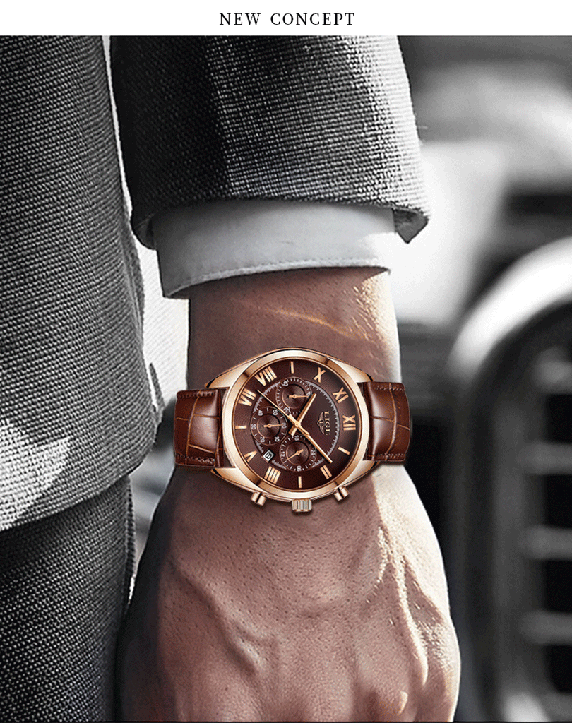 luxury chocolate brown leather rose gold lige watch