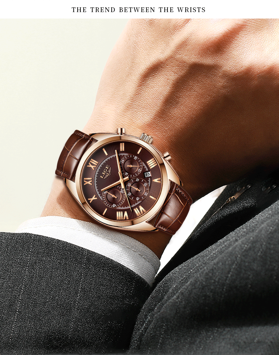 chocolate brown leather rose gold lige watch man in suit