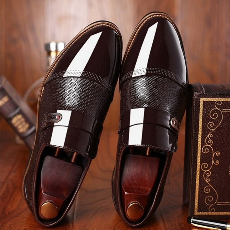 brown patent leather fishscale pattern dress shoes
