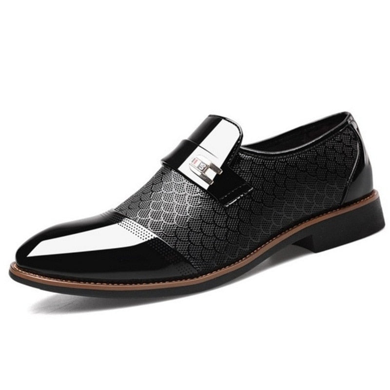 black patent leather fishscale pattern dress shoes