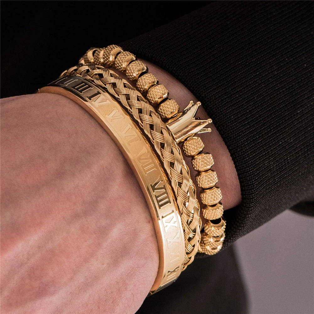gold roman numeral crown triple bracelet on wrist