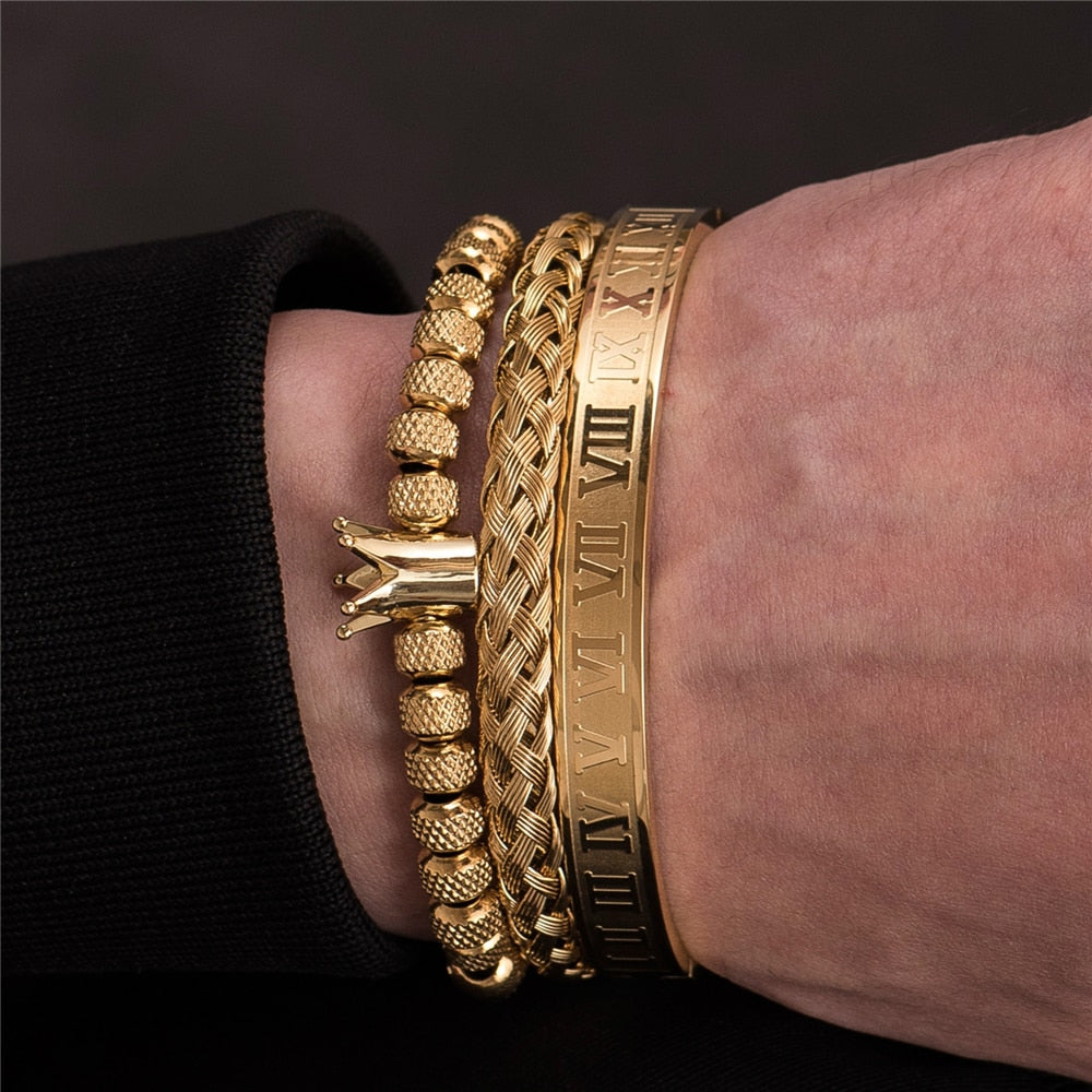 gold roman numeral crown triple bracelet set