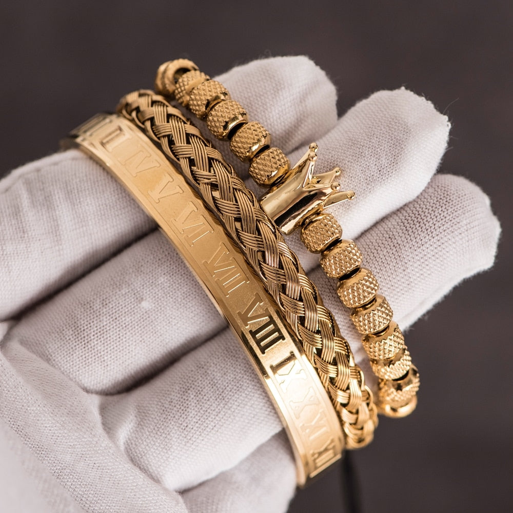 gold roman numeral crown triple bracelet set