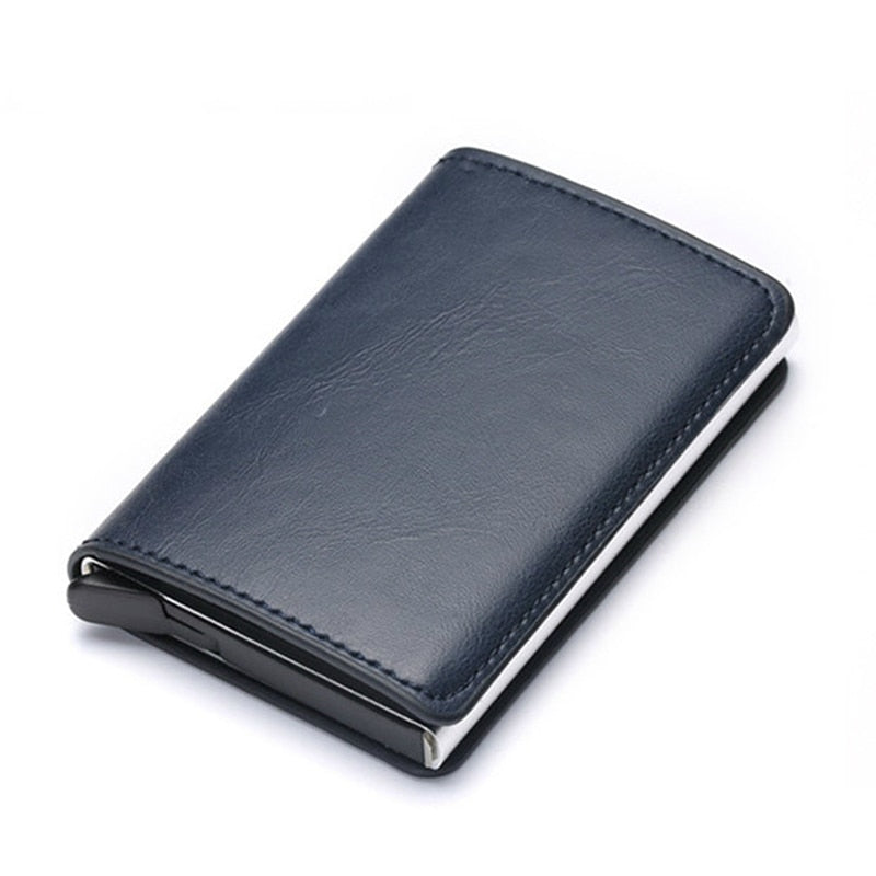 blue leather silver aluminum rfid blocking wallet