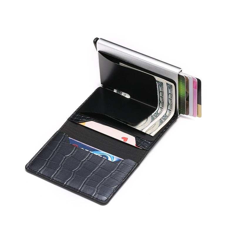 black leather silver aluminum rfid blocking wallet compartments