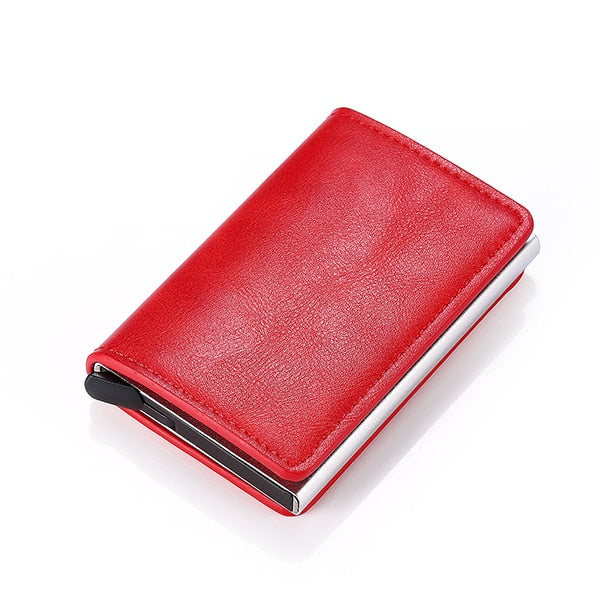 red leather silver aluminum rfid blocking wallet