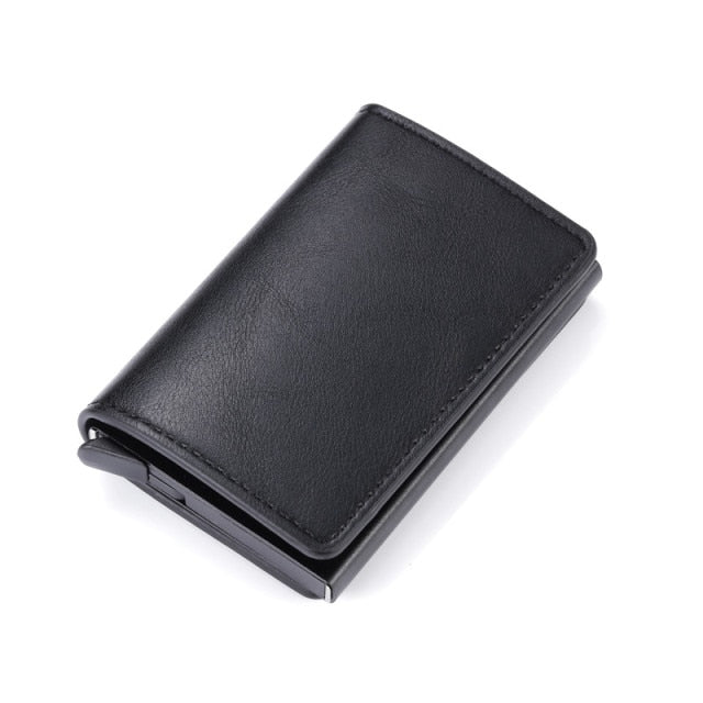 black leather silver aluminum rfid blocking wallet