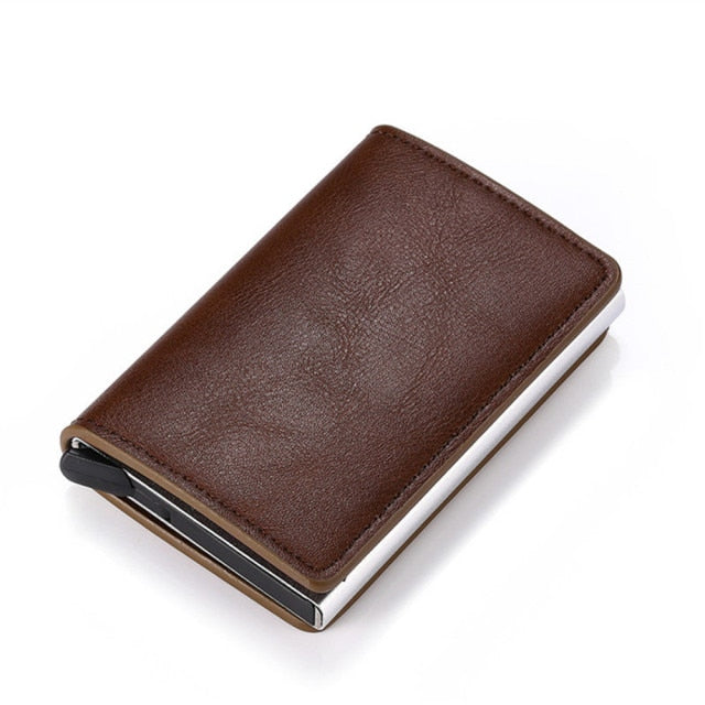 brown leather silver aluminum rfid blocking wallet