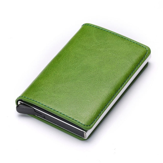 green leather silver aluminum rfid blocking wallet