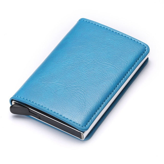 aqua blue leather silver aluminum rfid blocking wallet