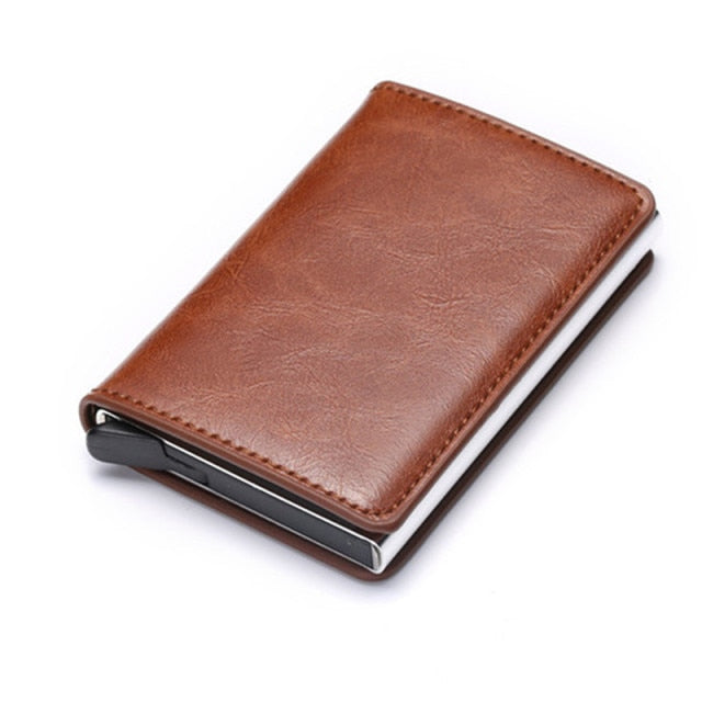 light brown leather silver aluminum rfid blocking wallet