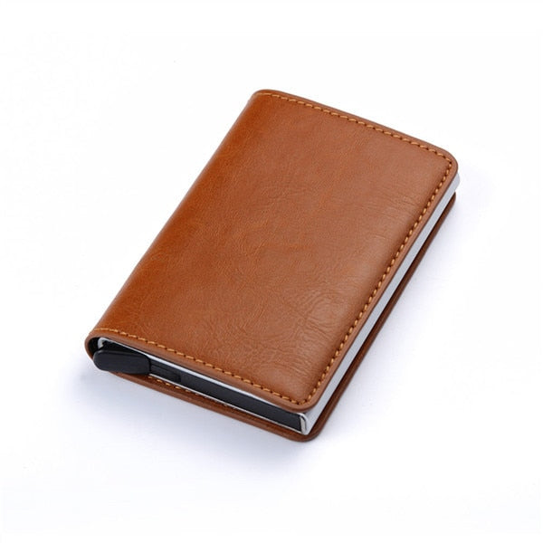 light brown leather silver aluminum rfid blocking wallet
