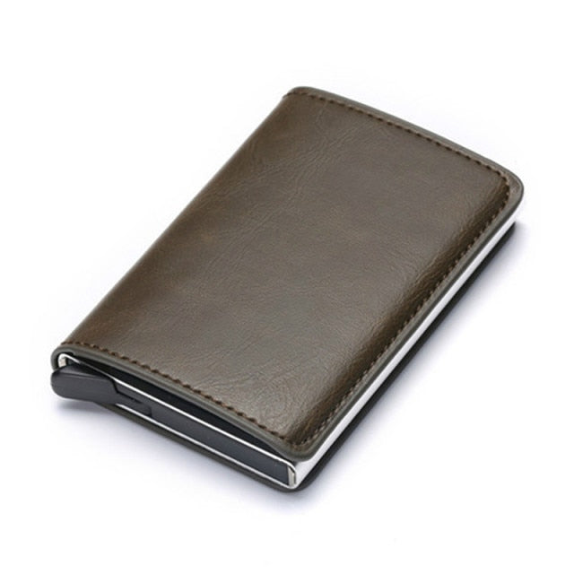 brown leather silver aluminum rfid blocking wallet