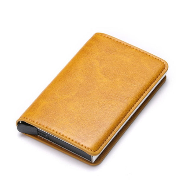 tan leather silver aluminum rfid blocking wallet