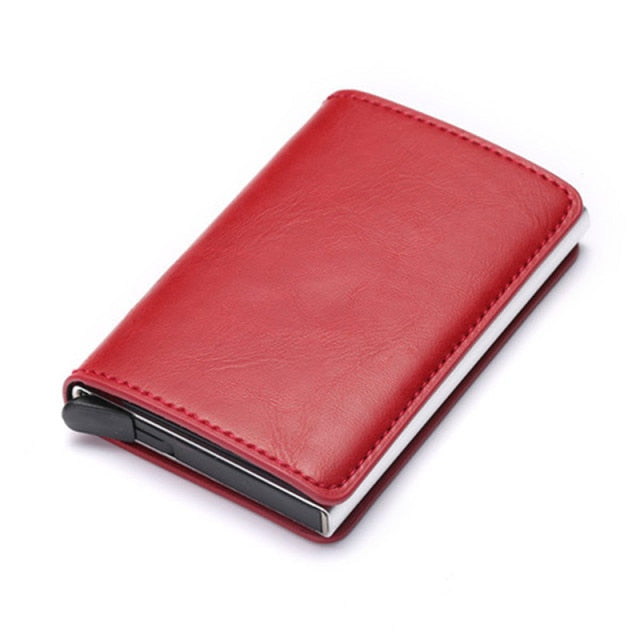 red leather silver aluminum rfid blocking wallet
