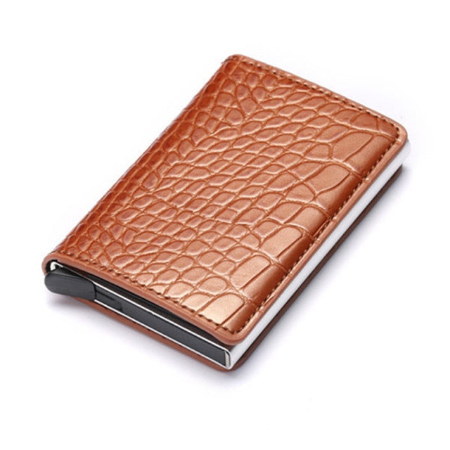 cognac leather silver aluminum rfid blocking wallet