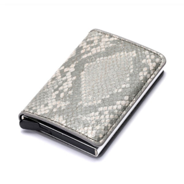gray leather silver aluminum rfid blocking wallet