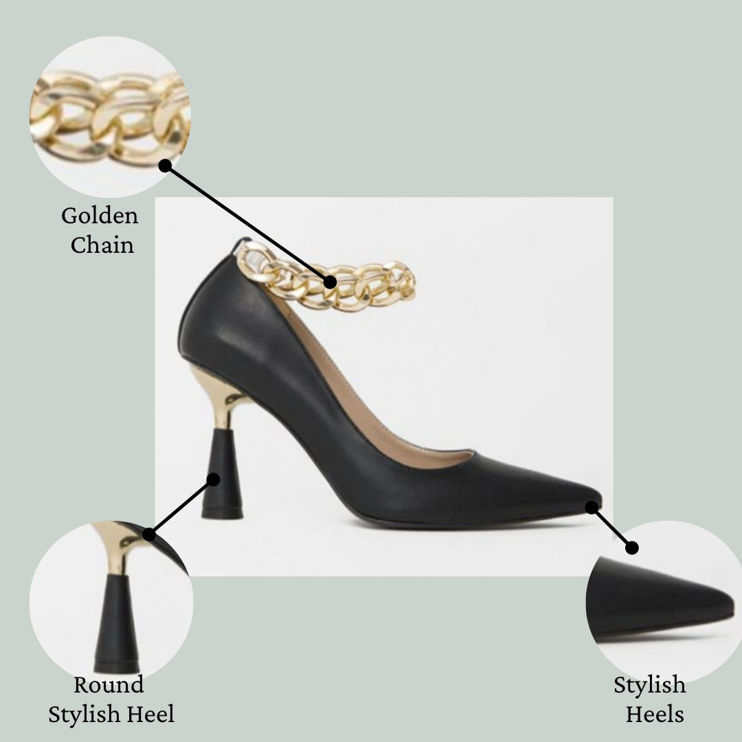 gold chain black heel pumps