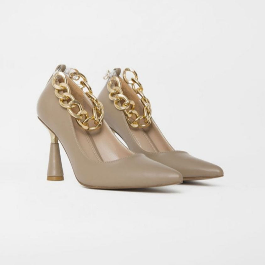 light beige leather and gold chain high heels