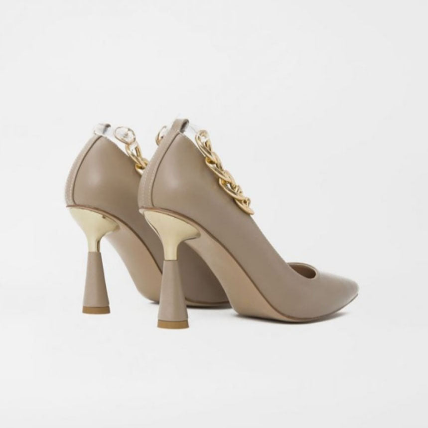 tan and gold leather high heel pumps