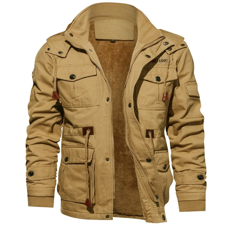 tan military style pocketed jacket men