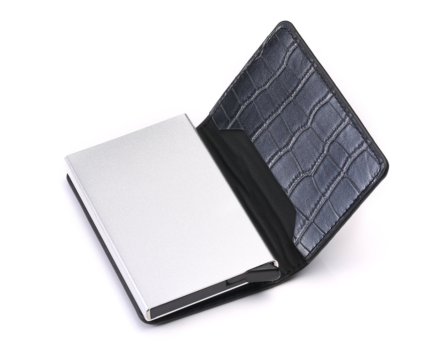 black leather silver aluminum rfid blocking wallet