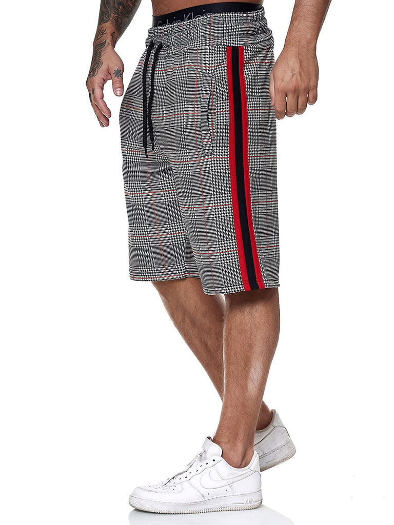 gray black red stripe line plaid drawstring shorts men