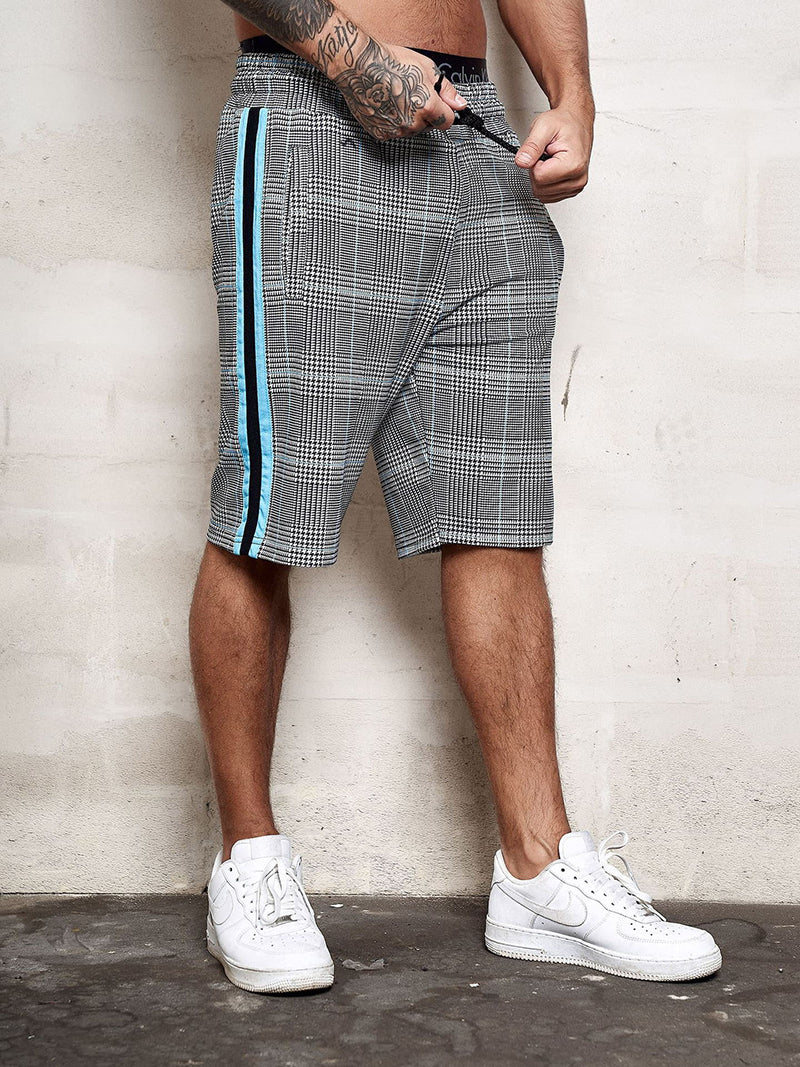 gray black turquoise stripe line plaid drawstring shorts men