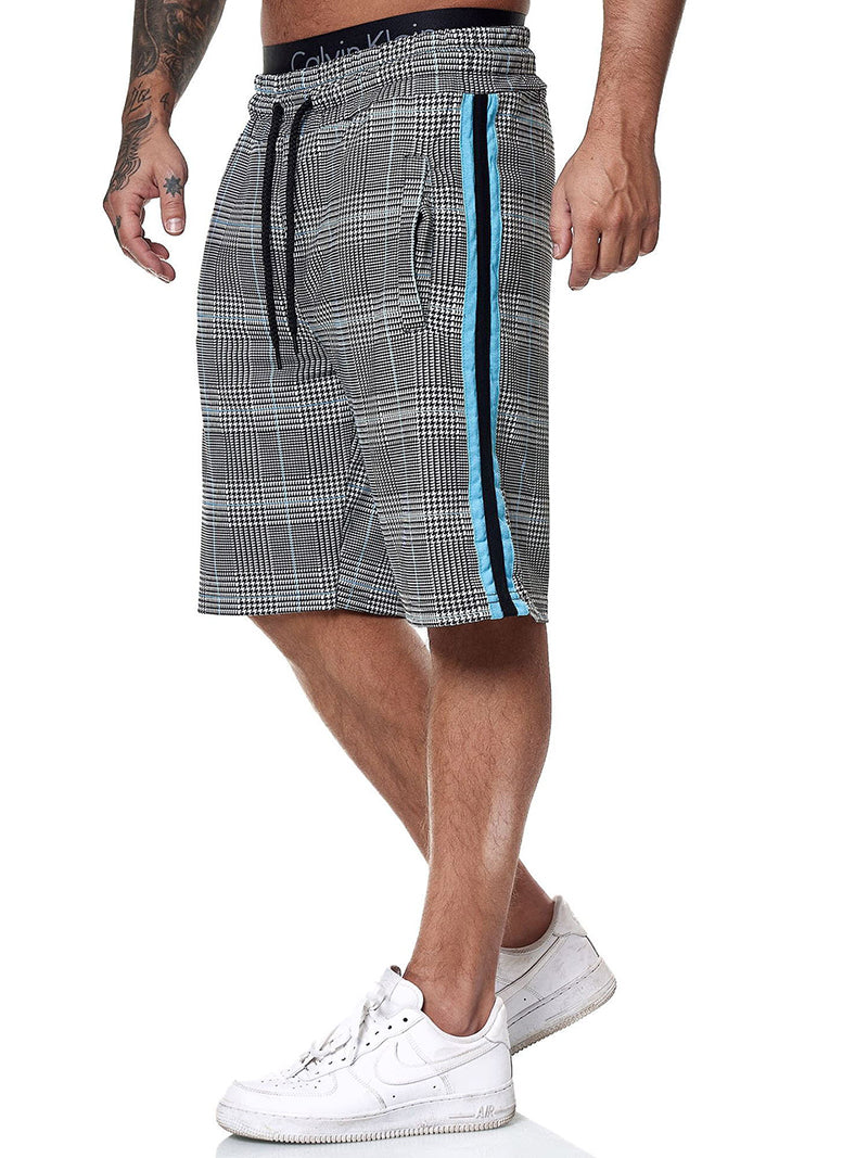 gray black turquoise stripe line plaid drawstring shorts men