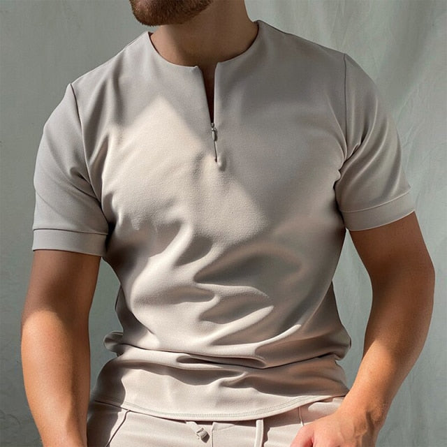 natural tan zip-up neck collarless casual shirt
