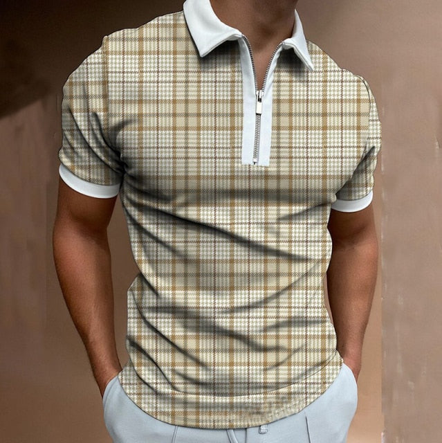 beige plaid polo style shirt