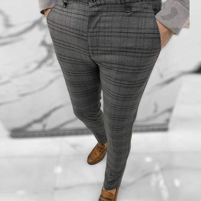 gray plaid slim fit flat front pants men