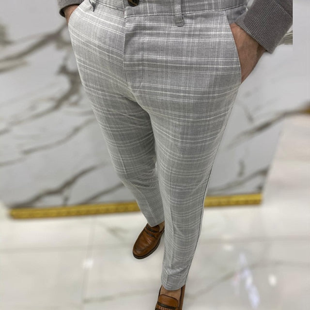 light gray plaid slim fit flat front pants men