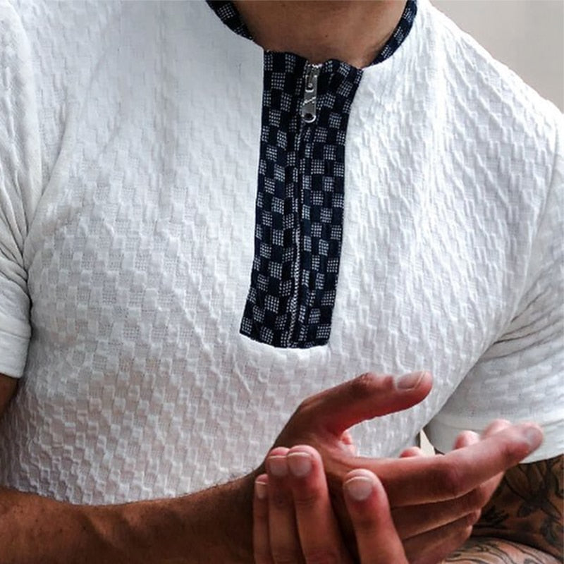 white collarless knitted fabric houndstooth casual shirt
