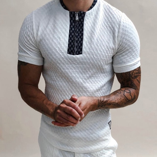 white collarless knitted fabric finish casual shirt