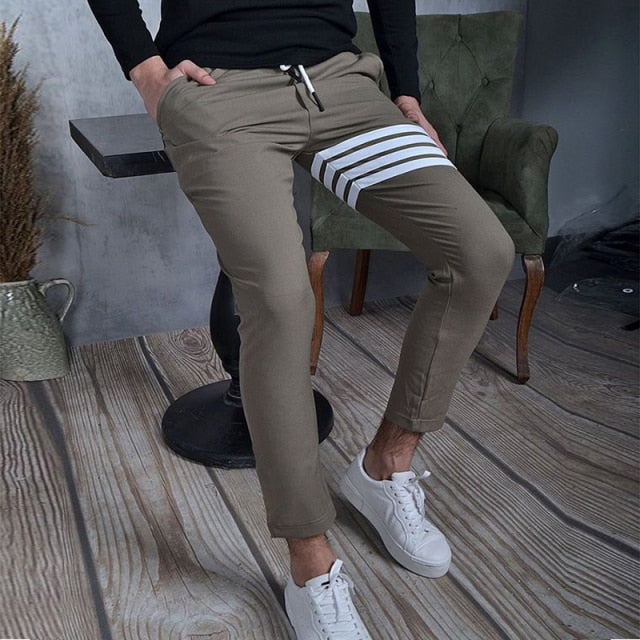 beige khaki white stripe slim fit athletic pants