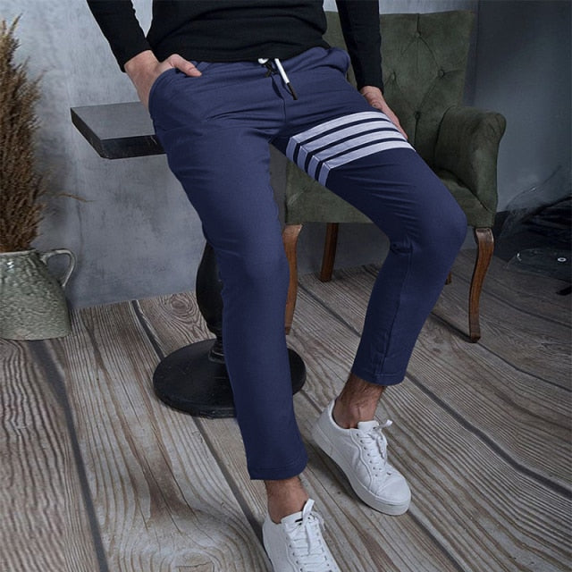 blue white stripe slim fit athletic pants