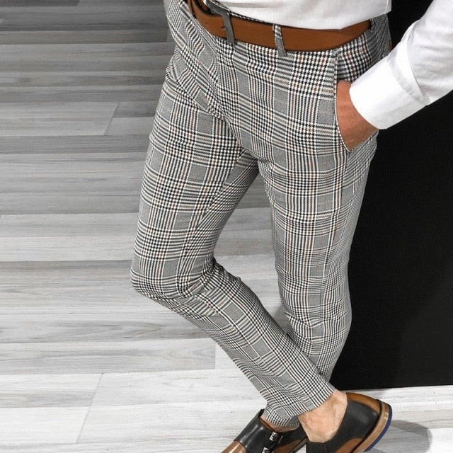 light gray black white flat front plaid pants