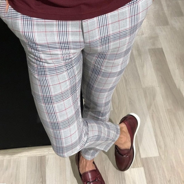 light gray burgundy flat front plaid pants