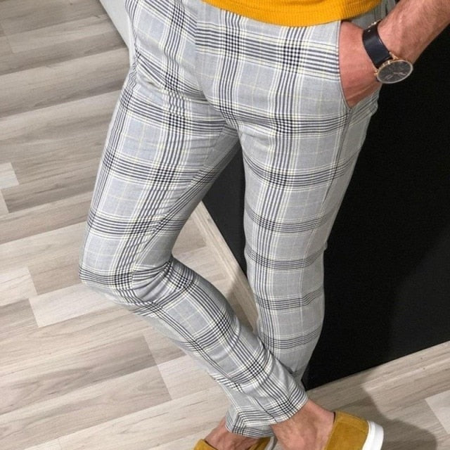 light gray flat front plaid slim fit pants