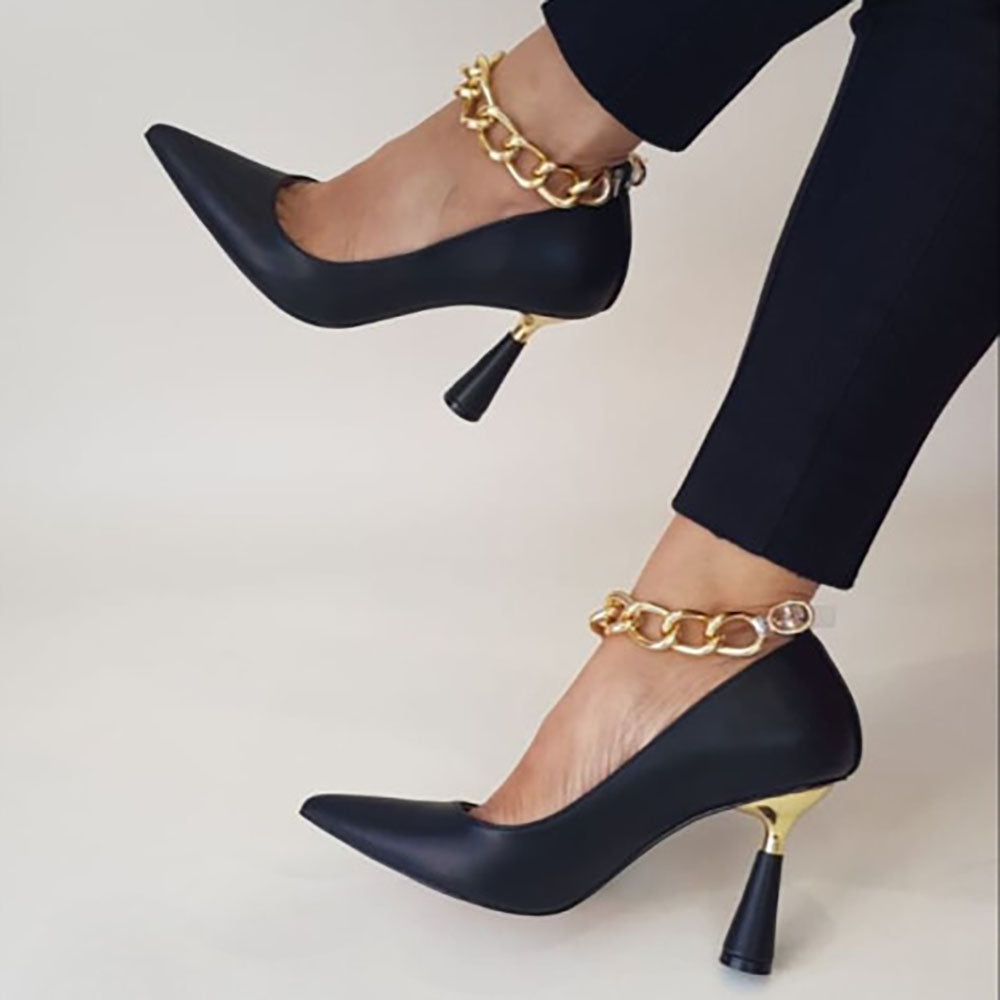 black leather gold heel pumps