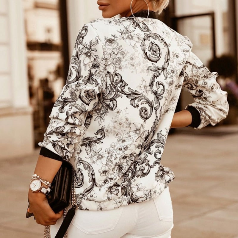 women black white floral print jacket