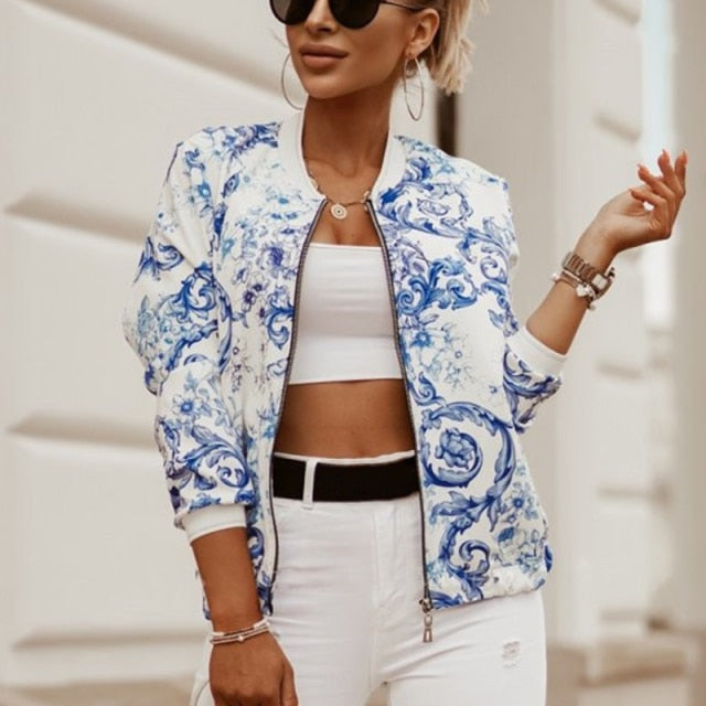 women zeta royal blue pure white floral print jacket